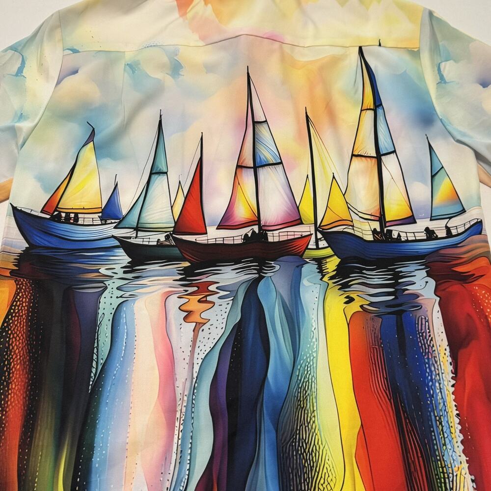Royaura Men's Hawaiian Short Sleeve Medium Multi Color Sail Boat Print Shirt - Picture 13 of 14